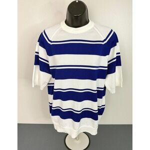 Towncraft Women's Mock Neck Short Sleeve Knit Sweater White Blue Stripe Large